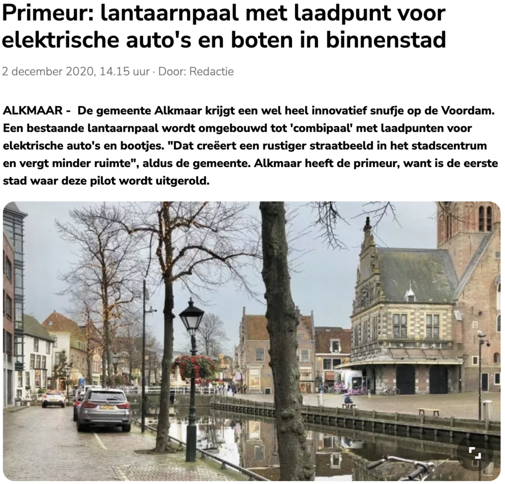 Elektrisch varen in Alkmaar — Waar kan ik laden? 4 in de krant de boot opladen aan de lantaarnpaal op de voordam